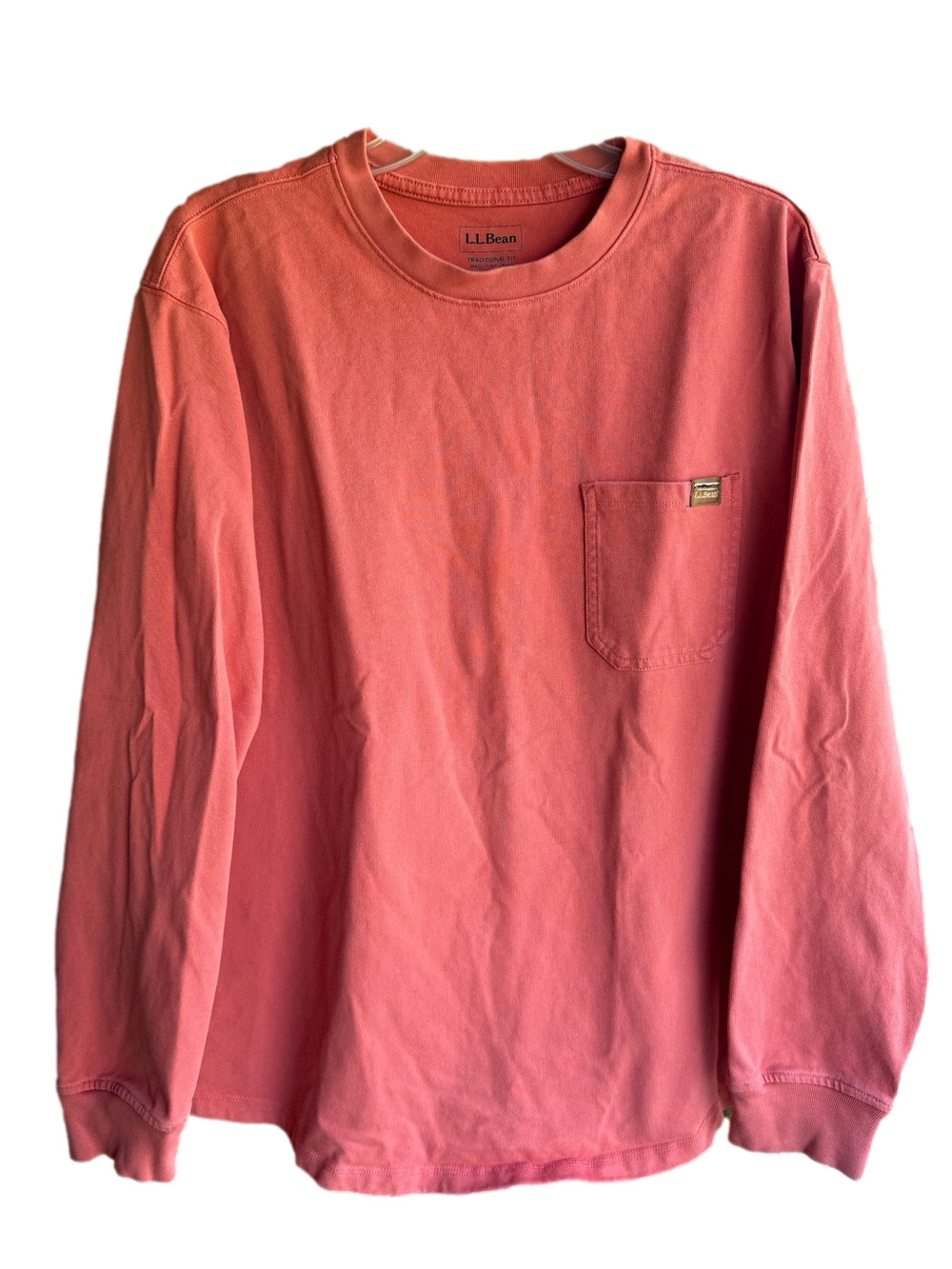 L.L. Bean Men's Traditional Fit Crewneck Long Sleeve Pocket Tee Cotton Coral